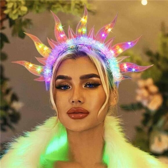 Sunburst Flame Headband – Festival, Rave,  Large Fiery Sun Crown Party Costumes main image 4